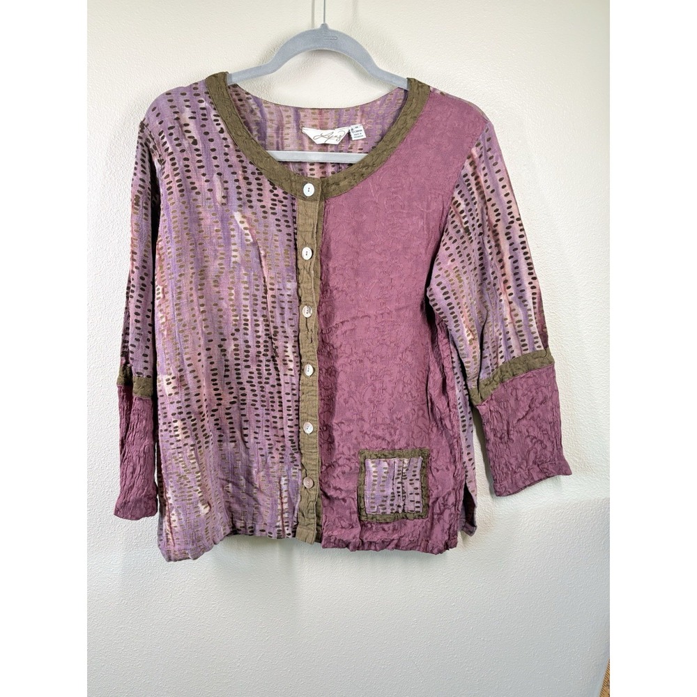 Lyng Art to Wear VTG M Tunic Shirt Blouse Button Up Tie Dye Purple Rayon  Linen